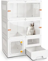 Topzoo 猫 ケージ トイレ付き 2段 トイレ一体型 防臭 飛散軽減 透明引き戸 幅70×奥行き45×高さ105cm キャットケージ 猫用ケージ 子猫 スリム 猫用ケージ おしゃれ スコップ付き コンパクト 脱走防止 日本語説明書付き ホワイト