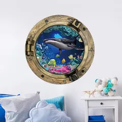 PIRNSDG ウォールステッカー 窓 海 イルカ 海の中 大きい 魚 水族館 海中 1個 50*50cm アニマル 動物 ステッカー 窓 海 壁紙 南国 3D ウォールシール 海中 海底 かわいい 偽の窓に 青少年の教育です 幼稚園 保育