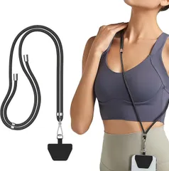 takyu スマホストラップ ショルダーストラップ ネックストラップ 携帯ストラップ ストラップホルダー斜め掛け 首から下げる着脱簡単 紛失/落下防止 長さ調整可能 全機種対応(「ブラック」スマホストラップ＋パッチ,  Free Size)