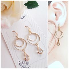 E100 ハンドメイド フープ しずくストーン ピアス イヤリング