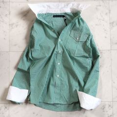 未使用品【RALPH LAURENラルフローレン】長袖シャツ 9 Mサイズ相当 緑×白  ストライプ柄 袖口ポニーロゴ  レディース