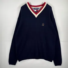 古着 90's/90年代 トミーヒルフィガー TOMMY HILFIGER 長袖 ニット Ｖネック ワンポイント 刺繍 セーター XL  ネイビー メンズ