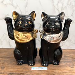 【瀬戸焼】招き猫 江戸猫 ブラック 金 プラチナ 左右 セット 縁起物 置物  金運招福 千客万来 Maneki Neko Lucky Cat Seto Ware