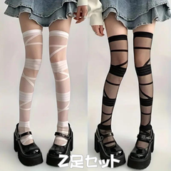 包帯風  ニーハイソックス シースルー ゴスロリータ 地雷系 コスプレ 仮装 ハロウィン 韓国 人気  レッグウェア インポート 靴下 美脚 膝上 白黒2色セット ブラック ホワイト 病み可愛い オーバニー ストッキング  レディース  ロング 女かっこいい