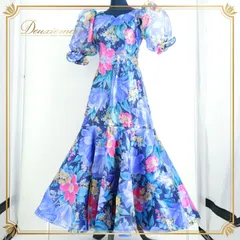 フラダンス 衣装 ワンピース ドレス ブルー系 花柄 フラ ダンス 花柄 パフスリーブ 華やか 光沢 青 黄 上品 ハワイアン カラフル アロハ かわいい ハワイアンプリント ピンク系 イエロー系