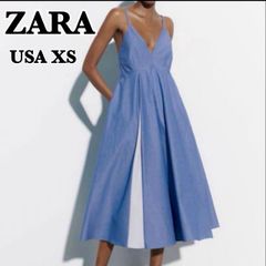 ZARA ザラ ポプリンワンピース キャミワンピース ロングフレアワンピース ブルー×白 ストライプ USA XS【美品】
