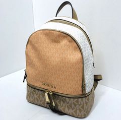 ★マイケルコース MICHAEL KORS RHEA ZIP リアジップ バックパック レザー オレンジｘベージュ ゴールド金具 MKロゴ シグネチャー レディース リュックサック 中古 005659