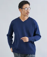 新品 未使用 JIGGYS SHOP(ジギーズショップ)ワイドリブVネックニットセーター 217751 ネイビーのサムネイル