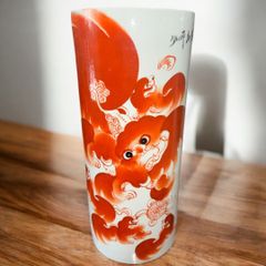 中国清末 民国時代 赤絵 麒麟 獅子花瓶 景徳鎮 アンティーク 中国美術 