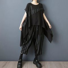 モード系  お洒落  2点セット  履きこごち 上下セット  ハーレムパンツ ボトムス ブラック  ボートネック ストライプ  ステッチデザイン  トップス＆ワイドレッグクロップドパンツセット 2点