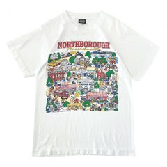 M 90s USA製 SCREEN STARS ヴィンテージ Tシャツ マサチューセッツ イラスト 両面プリント 街並み シングルステッチ コットンポリ ホワイト カラフル