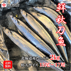 秋の味覚、生秋刀魚（北海道産〜三陸産）２㎏ 特大サイズ　14尾～16尾　サンマ