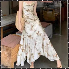 蝶柄キャミワンピース アシンメトリー夏服 リゾートワンピース レディース 涼しげ ロングワンピース ノースリーブ フリルワンピース 大人可愛い フレアワンピース夏 着やせワンピース ビーチワンピ 旅行 ナチュラル夏コーデ