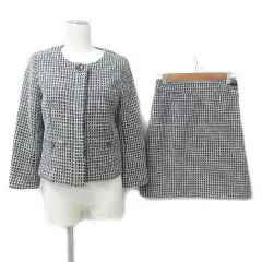 ナチュラルビューティーベーシック NATURAL BEAUTY BASIC フォーマルスーツ セットアップ 上下 ノーカラージャケット ミドル丈 総裏地 シングルボタン 台形スカート ひざ丈 ツイード 上L 下M 白 黒 ホワイト ブラック /FF55