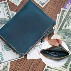 ■ミニ財布 牛革レザーコンパクト小さい小型薄型 ブルー a061