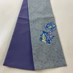 半幅帯 美品 優品 破れ色紙 草花 青灰色 化繊 【中古】