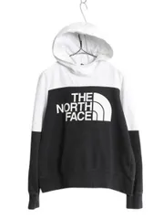 【お得なクーポン配布中!】 US企画 ノースフェイス プリント スウェット フード パーカー レディース M The North Face 裏起毛 プルオーバー スエット ツートン 黒 白