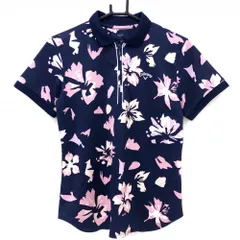 キャロウェイ 半袖ポロシャツ ダークネイビー×ピンク 花柄 ハーフジップ 襟一部透かし編み レディース L ゴルフウェア Callaway