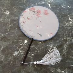 華流 中国風 布うちわ タッセル付き ピンク 花 鳥