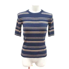 アズールバイマウジー AZUL by moussy リブニット カットソー 五分袖 ボーダー ラウンドネック M 紺 ネイビー /CT