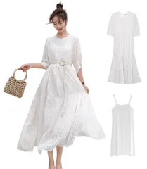 【特価セール】[Collecala] 白ワンピース レディース 夏 半袖マタ二ティオーバーサイズキャミわんぴーすセットアップ オフホワイト ふんわり ミモレロング サマ白ワンピースピース ロングワンピ キャミ+ワンピース+紐ベルト３点セット