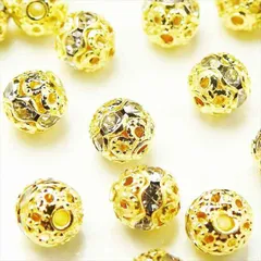 R-383 丸 ロンデル 6mm ゴールド【クリア】10個 透かし ボール 金 メタルビーズ スペーサー 天然石 ラインストーン ガラスストーン キラキラ アクセサリー パーツ ブレスレット ピアス イヤリング ネックレス ストラップ 素材 材料