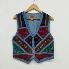 エスニック　ベスト　アカ族ベスト　手刺繍　民族衣類　アカ族衣類　新品　タイ製2 エスニック ベスト オルテガ チマヨ デニム ジレ 羽織り 刺繍