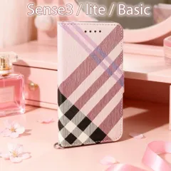Sense3 lite Basic ケース SHV48 SHM12 手帳型 おしゃれ ピンク 桃色 可愛い カバー 鏡付 ストラップ スマホケース チェック柄 送料無料