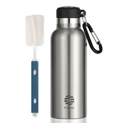 【新品】 FJbottle 水筒 500ml 真空断熱 保温 保冷 第2世代 スポーツボトル 直飲み ステンレスボトル スポーツ飲料対応 洗浄用スポンジ付き 男の子 女の子 大人 子供 シルバー 1