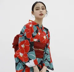 【L】椿 浴衣 レディース 浴衣セット ワンピース浴衣3点セット（ワンピース+上衣+兵児帯）/大人ワンピース浴衣 大人 ワンピース浴衣  ♡(ｲｲﾈ)