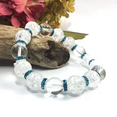 クラック水晶&水晶 パワーストーン ブレスレット 天然石 12mm （ライトブルー）メンズ・レディース　男性・女性　数珠ブレス　開運  [24]