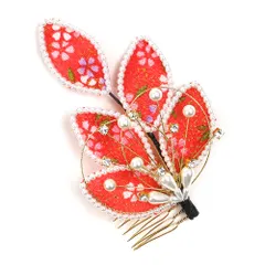 髪飾り コーム型 水引 ラインストーン パール 赤 朱色 コーラルレッド ゴールド 白 キラキラ リーフ 葉 ちりめん 和柄 小さい No.9-3414