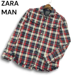 ZARA MAN ザラ マン 秋冬 ダメージ加工★ カットオフ 長袖 ワーク インディゴ チェック ネル シャツ Sz.S　メンズ