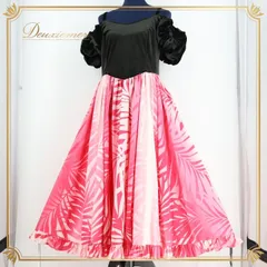 フラダンス 衣装 ワンピース ドレス ブラック系 フラ ダンス 黒 リボン フリル ベロア ハワイアン 葉っぱ柄 華やか 光沢 上品 アロハ ハワイアンプリント 鮮やか オフショルダー ピンク系