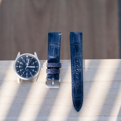 ネイビー クロコダイル 竹腑柄 レザーバンド  クロコダイル ワニ革 時計ベルト 時計バンド  凹凸型 弓カン 特殊形状 9mm~29mm 交換用工具付