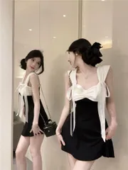 25年新作 大人気★★フレアミニワンピース ワンポイント リボン　パーティー　バイカラー