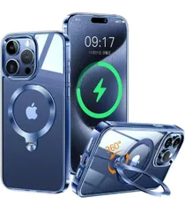 ★ZapNet iPhone 15 Pro 用 クリア ケース Magsafe 対応 [定点スタンド・超絶安定性][本体を再現・極透明]ストラップホール付き マグセーフ ワイヤレス充電対応 黄変防止 米軍MIL規格取得・耐衝撃 アイホン ブルー