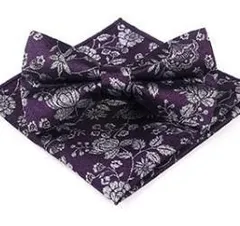 蝶ネクタイ　ポケットチーフ　2点セット　ビジネス　結婚式　発表会　卒業式　卒園式　入学式　入園式　入社式　イベント　ダンスパーティー　バーテンダー　ワンタッチ　パープル色　紫色　シルバー色　銀色　花柄　格安　スーツ　メンズ蝶ネクタイ　成人式　父の日　七五三祝い