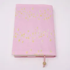 布ブックカバー　イエロードット　文庫本サイズ　しおり付き　ハンドメイド　ピンク　B022