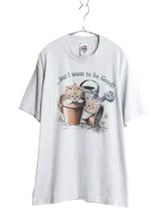 【お得なクーポン配布中!】 00s ネコ アート イラスト プリント Tシャツ メンズ レディース L 古着 オールド グラフィック シングルステッチ フルーツオブザルーム 灰