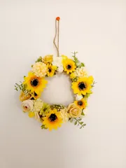 【#105】アーティフィシャルフラワー　フラワーアレンジメント　造花アレンジメント　アーティフィシャルフラワーリース　フラワーアレンジメントリース　向日葵　ヒマワリ　ビタミンカラー
