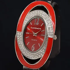 稼働 良品 QZ CANSNOW キャンスノー バングルウオッチ オーバル ダイヤベゼル 赤文字盤 レディース腕時計 OKZ 2000000