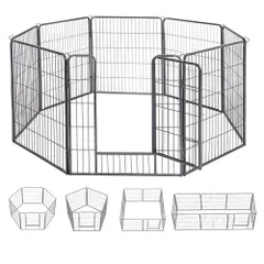 【在庫限り！】ペットフェンス 中大型犬用 Alsop ペットケージ パネル8枚 ペットサークル 四角ポール 折り畳み式 トレーニングサークル スチール製 Dinah 複数の組み合わせ 室内室外兼用 犬小屋 ペット (高さ100cm-8枚 シルバーブラック)