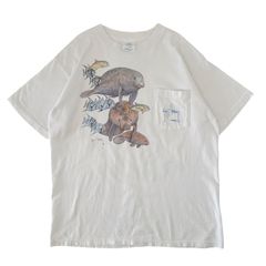 Lサイズ 90s USA製 Guy Harvey マナティ 魚 Tシャツ ポケット付き アニマル 両面プリント ホワイト