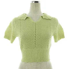 ヘザー Heather ニット カットソー スキッパーカラー 半袖 クロップド丈 透かし編み 薄手 無地 F 緑 グリーン トップス /BT