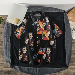K【新品・未使用】🌿夏用メンズ半袖シャツ👕レトロ風×個性派🎨ユニーク総柄デザイン✨ゆったりカジュアルコーデに◎(ブラック)