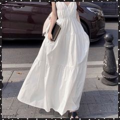 キャミワンピースVネックロングワンピース レディース 背中あきティアードワンピース ノースリーブ リゾートワンピース 体型カバー 大人セクシー 涼しげサマーワンピ Aライン 華奢見え 夏らしい 白ワンピ ナチュラル系ワンピ