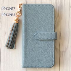 iPhone7 iPhone8 ケース 手帳型★レザー調 マットブルー タッセル
