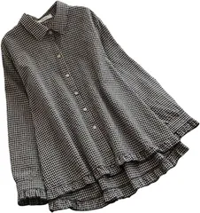 emptio 長袖 チェック柄 ブラウス レディース シフォン チュニック 襟なし ブラック(ギンガムチェック柄ブラック,  XL)