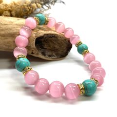 キャッツアイ(ピンク)×ターコイズ パワーストーン ブレスレット  (ゴールド) メンズ・レディース　男性・女性　数珠ブレス 開運 [23]　#2